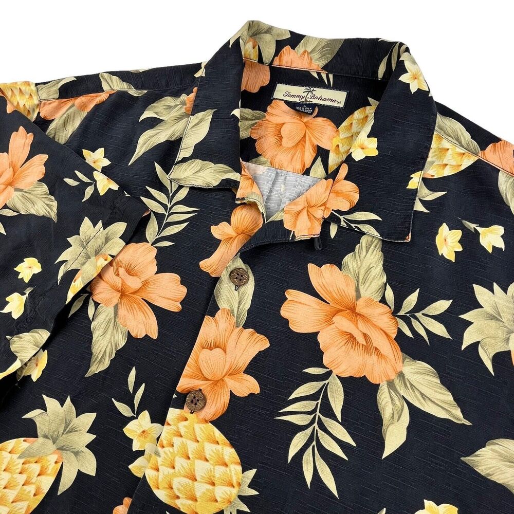 Tommy Bahama 100% Silk Hawaiian Shirt Men L Floral Pineapple Blue Colorful
